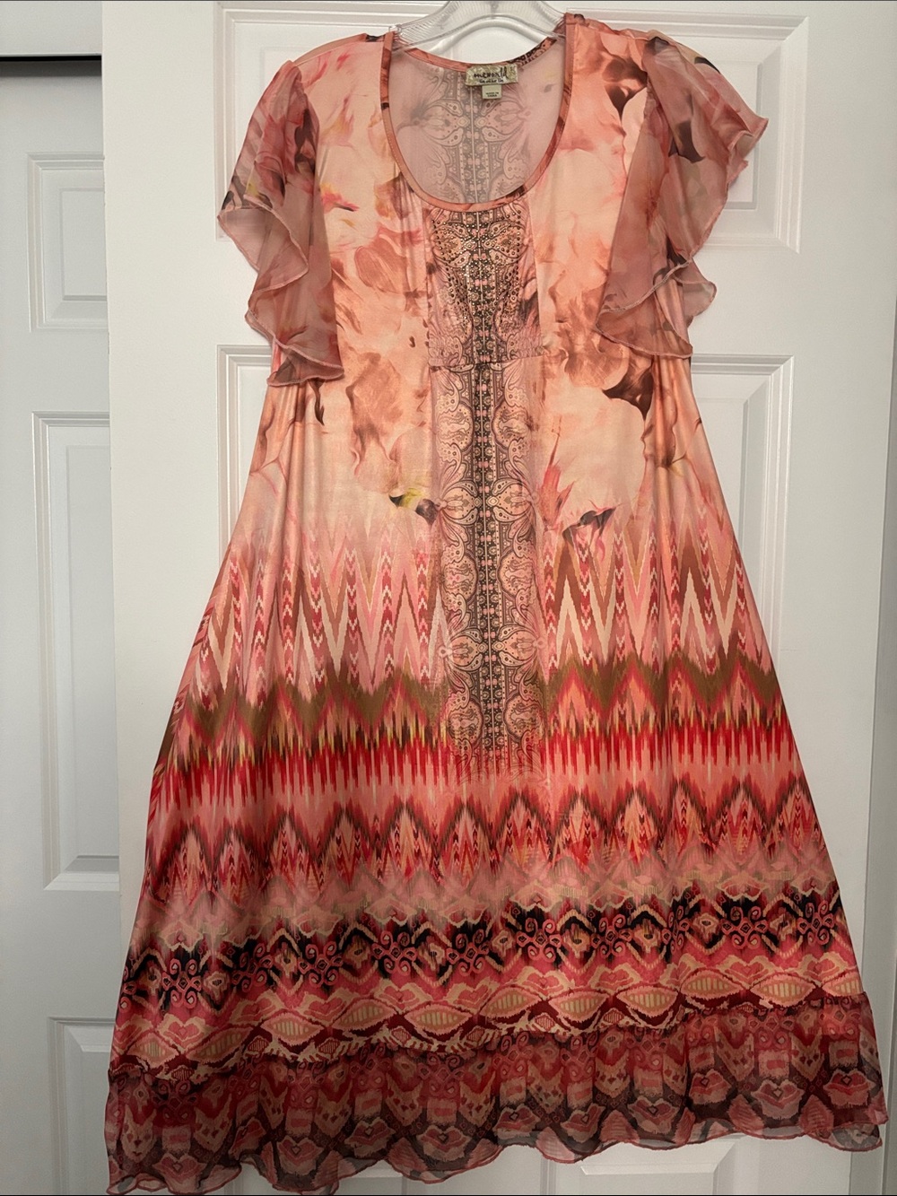 ONE WORLD Coral and Pink Printed Ruffle-Sleeve Midi Dress